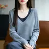 Tricô de Cor Contrastante Falso Duas Peças Manga Longa Outono Novo Solto Efeito Emagrecedor Suéter Camisa Camiseta para Camadas Internas para Mulheres