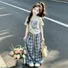 Conjunto Casual Feminino Novo de Verão Estilo Coreano, Conjunto de Duas Peças com Calça de Perna Larga Xadrez de Manga Curta, Bonito e Moderno para Crianças Maiores