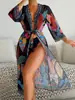 Nueva Versión Fija Blusa Larga Estampada con Cinturón para Cubrir el Vientre y Efecto Adelgazante Protección Solar Moda de Playa para Mujer