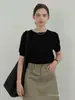 Top de punto gris de manga corta con cuello redondo estilo francés, camiseta negra vintage versátil para ir al trabajo, top suéter casual para mujer