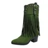 Nuevo estilo de comercio exterior 2026: Botas de mujer de estilo western, de tacón alto, punta fina, con flecos, de media pantorrilla, gamuza, tacón grueso, cómodas y versátiles, disponibles en tallas grandes