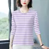Comercio Exterior Transfronterizo~Camiseta de Manga Larga a Rayas con Cuello Redondo, Juvenil y Elegante de Gama Alta para Mujeres de Mediana Edad, Corte Holgado, Cubre Abdomen, Top de Moda