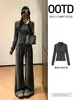 Traje casual de rayas grises para mujer, nuevo estilo otoño 2026, corte ajustado, chaqueta con cuello mao, pantalones de pierna recta, conjunto de estilo relajado
