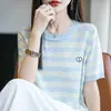 Camiseta de punto jacquard estilo Fair Isle de manga corta para mujer, nueva de verano 2026, fina, holgada, adelgazante, transpirable, camiseta básica
