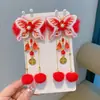 Grampo de Cabelo com Laço e Franja Estilo Chinês de Ano Novo Headwear de Ano Novo para Meninas Grampo Vermelho Antigo Infantil Acessórios de Cabelo Flor de Cabeça