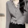 2025 Nuevo Diseño de Marca de Moda Básico de Punto Desgastado con Cuello en V Chaqueta Cardigan Estilo Corto para Figuras Menudas, Efecto Adelgazante