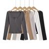 2024 Principios de Otoño Nuevo Hombro Cintura Alta Ajustada Cuello Medio Abierto Camiseta de Manga Larga para Mujer Cuello U Clavícula Camiseta Básica Interior
