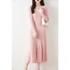 Vestido de lana pura con cuello en U grande para mujer, falda larga por encima de la rodilla, otoño e invierno, corte entallado, combinable, de punto, cola de pez, 24