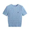 Top de Punto con Bordado de Pony y Trenzado de Manga Corta para Mujer Cuello Redondo Estilo Universitario Cableado Ajustado Base Top Jzz
