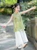 Nuevo Conjunto de Estilo Nacional Chino para Niñas, Nuevo Conjunto de Dos Piezas de Verano para Niños con Top sin Mangas Cheongsam Mejorado y Pantalones de Pierna Ancha