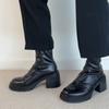 Botas de salto alto simples estilo francês, salto grosso, tornozelo, femininas, outono e inverno 2024, novas botas finas elásticas de bico redondo e salto grosso
