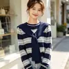Suéter de punto con cordones y cuello a rayas azul marino popular este otoño para mujer, top holgado de manga larga, nuevo estilo primavera y otoño, prenda base