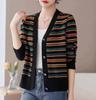 Suéter cárdigan a rayas para mujer, chaqueta corta de punto, nueva ropa exterior elegante para primavera y otoño 2025 para tallas petite