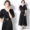 Moda Europeia e Americana 2024 Vestido Slim Slim de Comprimento Médio Plissado com Mangas Bufantes de Amarrar Estilo Coreano Saia Longa