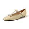 Sapatos Femininos Pérola Princesa Francesa Novos Couro Patentado Quadrados Salto Médio Grosso Tira T Mary Jane com Sapatos de Saia