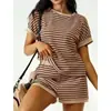 En stock primavera, verano, otoño Shein AliExpress TK Transfronterizo europeo y americano Conjunto de camiseta a rayas y pantalones cortos de punto