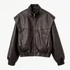 Comercio exterior transfronterizo ropa de mujer, nueva moda otoño e invierno estilo europeo y americano, chaqueta con cuello alto, cremallera, aspecto de dos piezas, textura de cuero de lichi