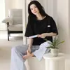 Pijama de Algodão Quente Mais Vendido em Live-Stream com Bojos, Conjunto de Duas Peças Pulôver Manga Curta Calça Longa Cartoon Fofo Feminino Tendência para o Verão