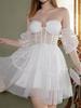 Europeu e Americano Comércio Exterior vestido de roupas femininas Amazon Decote em V off-the-ombro renda mini vestido de princesa vestido de dama de honra branco