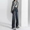 Jeans retrô cinza azul feminino primavera e outono 2024 novo reto cintura alta emagrecimento americano calças largas