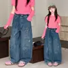 Pantalones de Pierna Ancha de Mezclilla con Graffiti para Niñas Estilo Coreano, Ropa de Otoño para Niños Medianos y Grandes, Nuevo Estilo Primavera y Otoño, Modernos Pantalones de Mezclilla para Niños, Tendencia