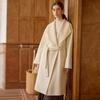 Casaco de Lã de Alta Qualidade para Mulheres, Versátil para Outono e Inverno, Novo Estilo, Cor Sólida, Quente e Elegante, Modelo Longo com Cinto, Feito de Lã de Ovelha