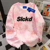 Sudadera para Mujer Estilo Simple Americano con Letras Cuello Redondo Estudiante 2025 Otoño e Invierno Tie-Dye Rosa Longitud Media
