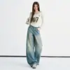 Jeans juveniles color naranja # estilo americano de trabajo pesado, lavados, desgastados, de pierna ancha para mujer, corte holgado, adelgazantes, únicos, modernos, versátiles, pantalones de pierna curva