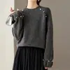 Camiseta base de punto con cuentas de hilo brillante de alta resistencia estilo europeo transfronterizo para mujer, nuevo jersey de punto suave de cuello redondo de lujo ligero para otoño e invierno