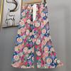 Pantalones de pijama de algodón y seda para mujer, estilo fino de verano, talla grande, pantalones de pierna ancha de cintura alta, adecuados para usar en exteriores, pantalones de playa de seda de algodón artificial, pantalones para casa