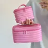 Bolsa de Cosméticos Rayada Rosa, Gran Capacidad, Neceser de Viaje Portátil para Mujeres, con Espejo, para Retoques de Maquillaje, Bolsa Portátil para Guardar Cosméticos