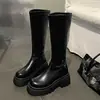 Botas de plataforma de tacón grueso estilo británico negro, botas altas para mujer, nuevas botas de jinete para otoño 2026 que adelgazan y aumentan la altura
