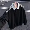 Sudadera con capucha de cuello polo de tres rayas estilo retro americano para hombre, Otoño, estilo universitario, camiseta de manga larga de peso pesado, top casual para capa interior