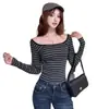 5725# Suéter de Punto Rayado con Cuello Cuadrado para Mujer, Adelgazante, Manga Larga, Estilo Nuevo, Versátil, Camiseta Básica de Color Sólido, Ropa Interior