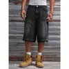 Talla europea [Cruzado para Hombre] Nuevos shorts de mezclilla negros para hombre, estilo callejero, con estampado de letras, sin elasticidad, para verano
