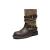 Novos Sapatos Cinto Retrô Fivela Western Patchwork Botas de Cano Alto Botas de Montaria Femininas Plissado 2026 Estilo Europeu e Americano Tendência