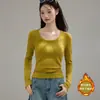 Camiseta Básica de Manga Larga con Cuello Redondo, Polar Fino Cepillado Versátil Eco-Silk de 260g para Mujer, Otoño e Invierno, Top de Hombro Normal