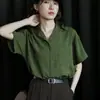 Camisa de manga curta feminina verão 2026 novo estilo gola de terno casual verde retrô design solto top camisa feminina