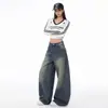 Jeans Azules Retro Americanos de Pierna Ancha para Mujer, Cubren la Cadera, Realzan la Altura, Adelgazantes, Estilo Perezoso, de Largo hasta el Suelo, Pantalones de Pierna Curvada para Mujer
