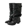 Botas longas femininas de couro com bico fino, versáteis botas pretas plissadas empilhadas com tachas, fivela de cinto e perna larga