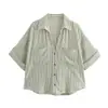 Moda Feminina Nova Primavera/Verão 2025 Transfronteiriça Estilo Europeu e Americano Casual Versátil Camisa de Manga Larga Listrada com Gola Reversível para Mulheres em Algodão e Linho
