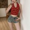 Camisola roja retro halter para mujer, ropa exterior de verano, hermosa espalda, top corto sin espalda, top de tiro alto