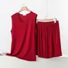 Conjunto de dos piezas para mujer de modal con cuello en V, top sin mangas y shorts, fino de verano, talla grande, nuevo, holgado, conjunto para casa