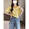 Nuevo Suéter de Punto con Orejas de Color Contrastante de Manga Corta Texturizado Ajustado Corto Estilo Coreano Dulce Top para Mujer