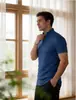 Nova Camiseta Masculina Retro Americana com Gola Henley de Manga Curta, Colarinho de Mecânico, Corte Solto, Cor Lisa, Camisa Polo Top