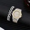 Juego de 2 Piezas/Set de Pulseras de Reloj Estilo Hip-Hop Reloj con Esfera Grande Correa de Acero Incrustada de Diamantes + Pulsera Totalmente de Diamantes