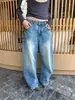 Calça Jeans Larga Lavada Yuyi para Mulheres, Outono Retrô Americano Cintura Baixa Emagrecimento Fluida Longa CX0327
