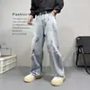 Jeans Retro Americano Vintage para Homens e Mulheres, Design Fino, Tingimento Sujo, Calças de Perna Larga Rasgadas com Tinta Salpicada