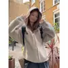 Sudadera con Capucha de Estilo Popular Americano Estilo Perezoso Rayas Contrastantes para Mujer Otoño e Invierno 2025 Cardigan Holgado Forrado de Felpa Chaqueta de Moda