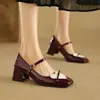 Nuevos zapatos de mujer de charol europeo y americano, combinación de colores, puntera cuadrada, hebilla, tacón medio grueso, Mary Jane, zapatos sencillos 32-48, zapatos de comercio exterior, entrega